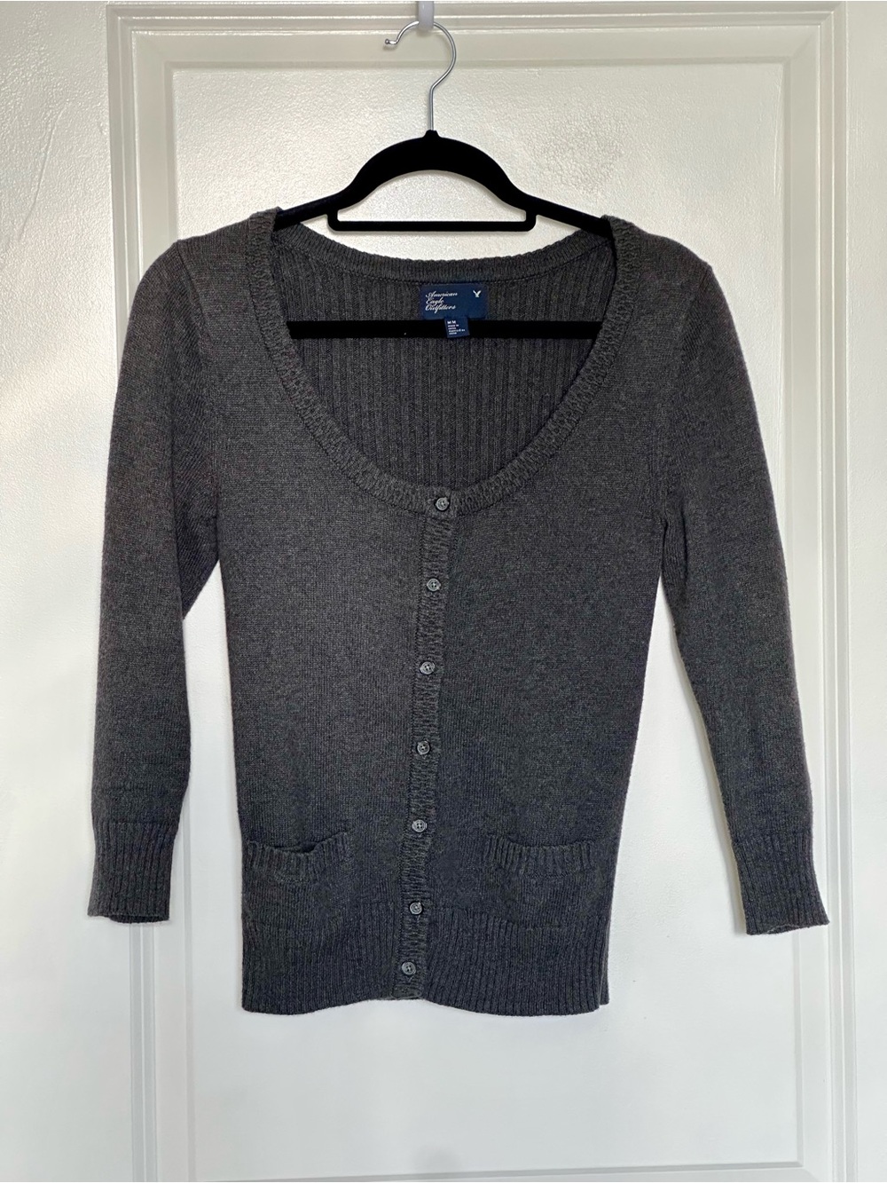 American Eagle Outfitters Charcoal Gray Scoop-Neck Button Cardigan